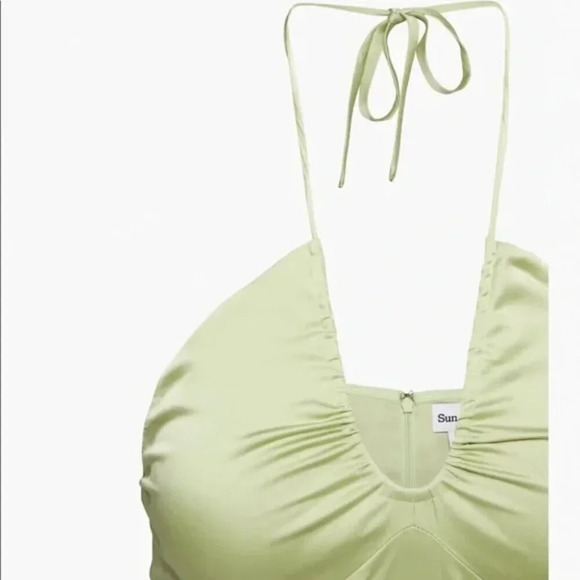 Aritzia Sunday  Best Satin Gidget Halter Dress in Sagebrush Green Size 8 - Picture 2 of 8